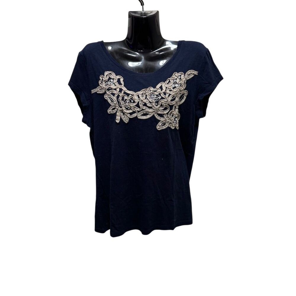 INC‎ Women's XL Blue Embellished Short Sleeve Top Casual Spring